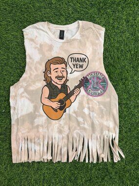 ⚫️NOT PERFECT Morgan Wallen Thank Yew Bleached Fringe Muscle Tank